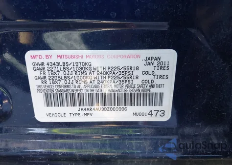2011 Mitsubishi Outlander Sport Se from USA, damaged, VIN JA4AR4AU3BZ009996